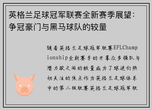 英格兰足球冠军联赛全新赛季展望：争冠豪门与黑马球队的较量